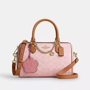 NWT Powder Pink Coach Medium Rowan Satchel Bag Signature Canvas w/ Charms CEA18